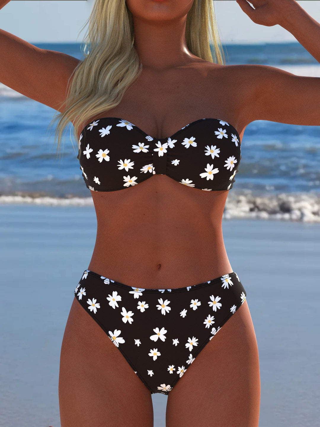 Damen Bandeau-Bikini mit floralem Design und hohem Taillenschnitt R&B