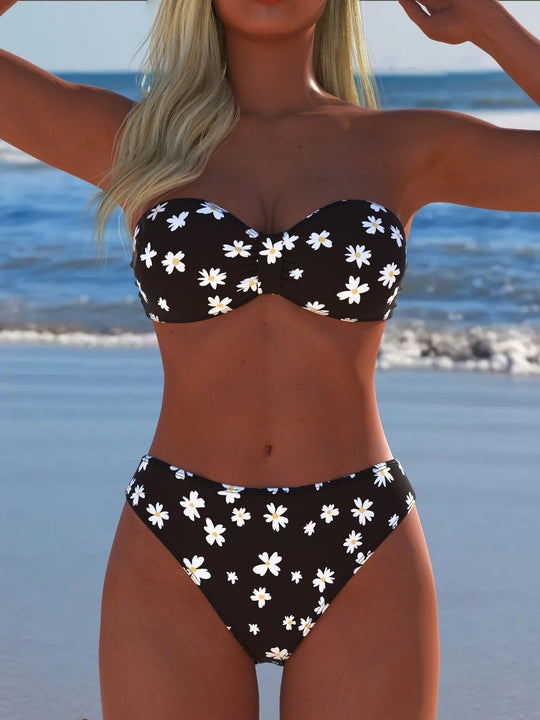 Damen Bandeau-Bikini mit floralem Design und hohem Taillenschnitt R&B