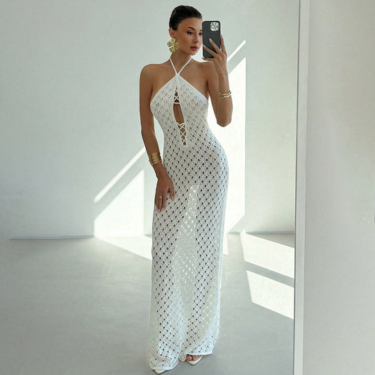 Damen Häkel-Maxikleid mit tiefer Ausschnitt R&B