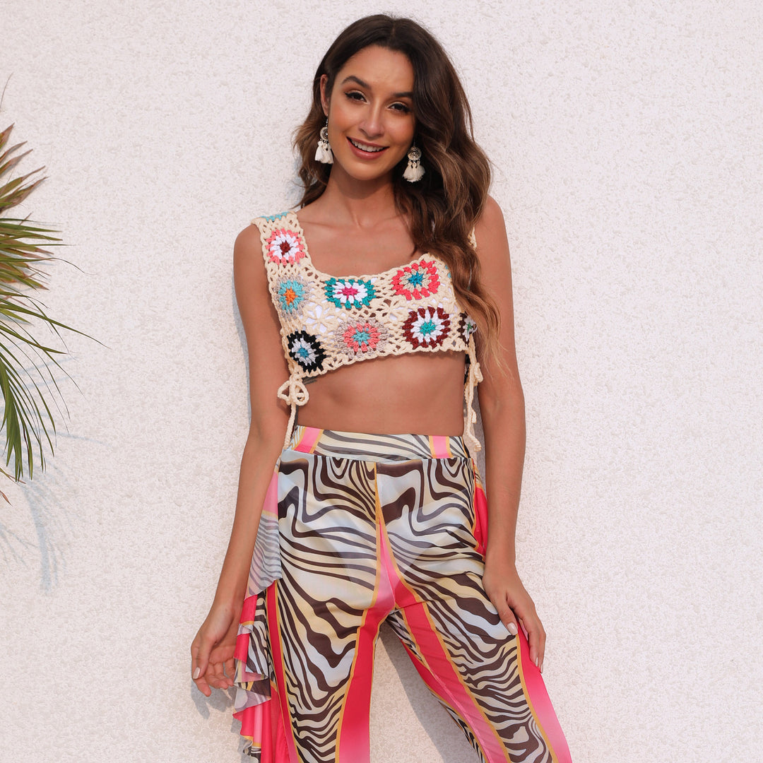 Damen gehäkeltes Crop-Top mit bunten Blumenmotiven R&B