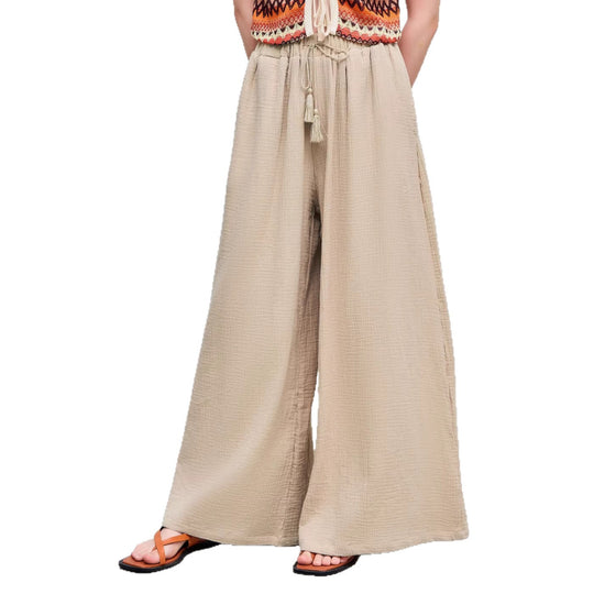 Damen weite Sommerhose im lässigen Boho-Stil mit elastischem Bund und seitlichen Taschen R&B