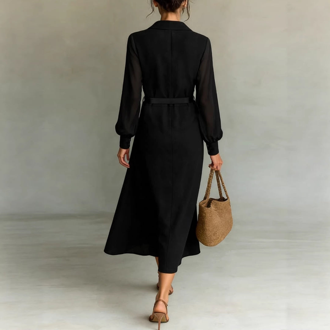 Damen Maxikleid mit transparenten Ärmeln und Taillengürtel R&B