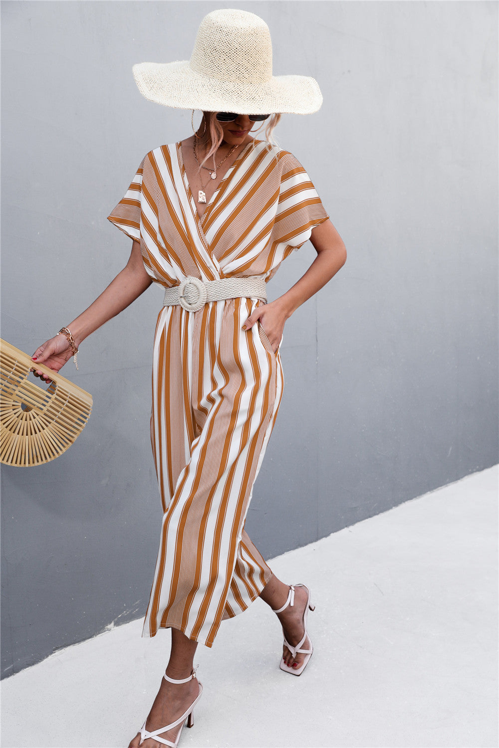 Damen eleganter Jumpsuit mit V-Ausschnitt, breiten Ärmeln und anisstreifendem Design R&B