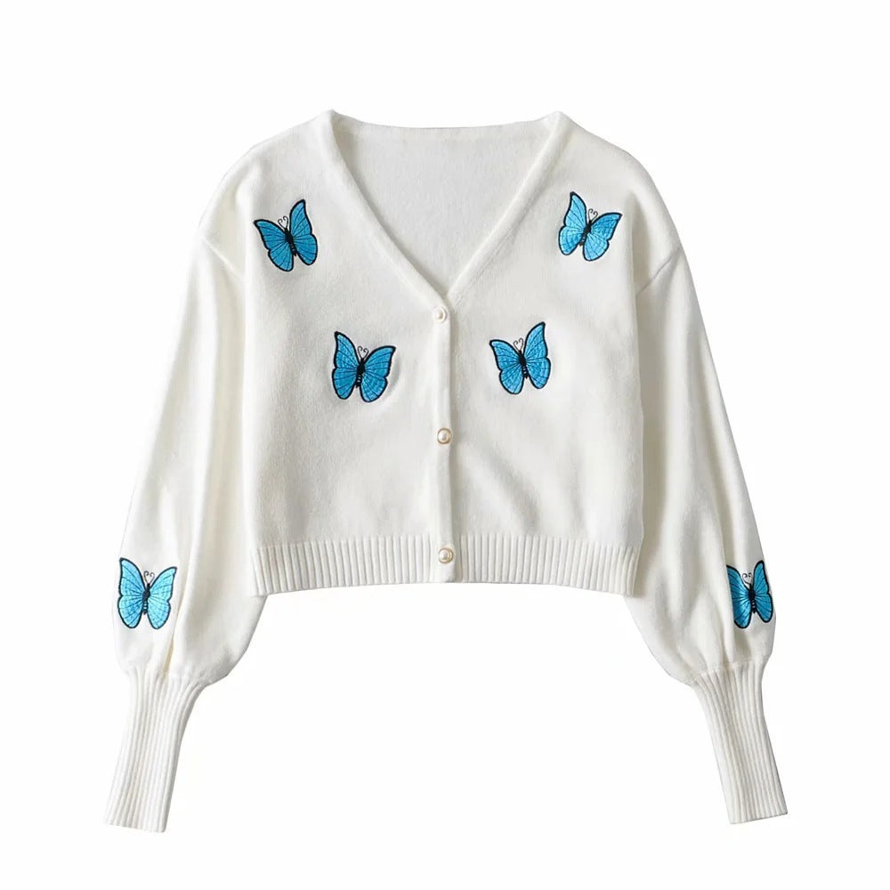 Damen Kurze Strickjacke mit floralem Stickdesign R&B