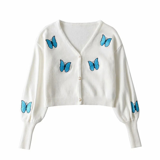 Damen Kurze Strickjacke mit floralem Stickdesign R&B