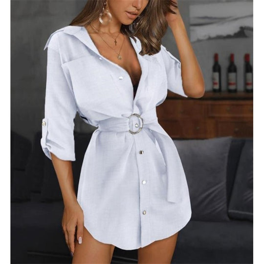 Damen Kurzarmhemd-Kleid mit Gürtel und hochwertigem Stoff R&B