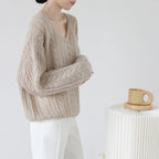 Damen Grobstrickpullover mit V-Ausschnitt und luftiger Struktur R&B