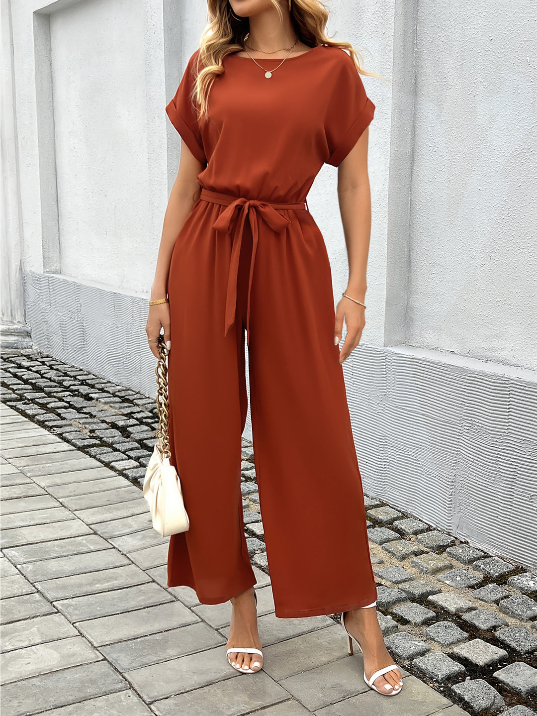 Damen Eleganter Jumpsuit mit Taillengürtel R&B