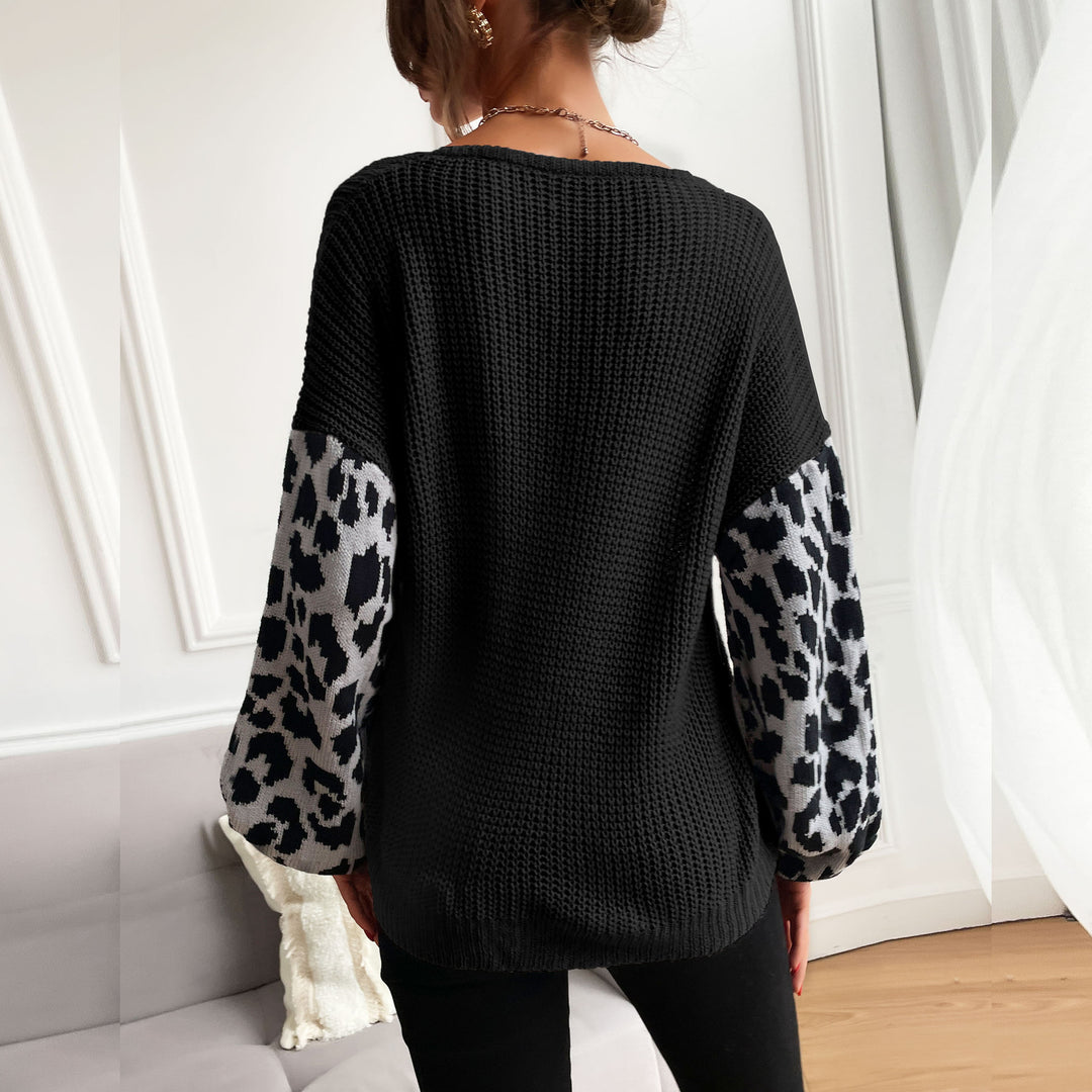 Damen Strickpullover mit modischem Leopardenmuster an den Ärmeln R&B