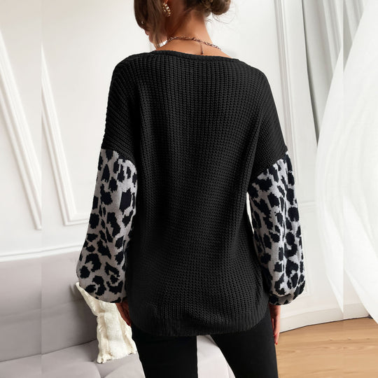Damen Strickpullover mit modischem Leopardenmuster an den Ärmeln R&B