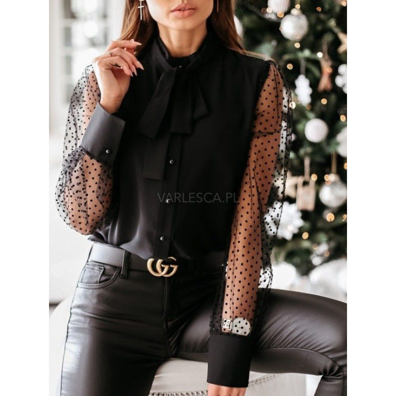 Damen Bluse mit transparenten Puffärmeln und filigranem Schleifen-Detail R&B