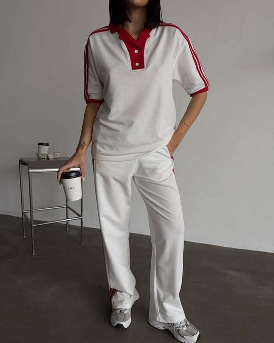 Damen sportliches Polo-Set mit kurzen Ärmeln und seitlichen Streifen R&B
