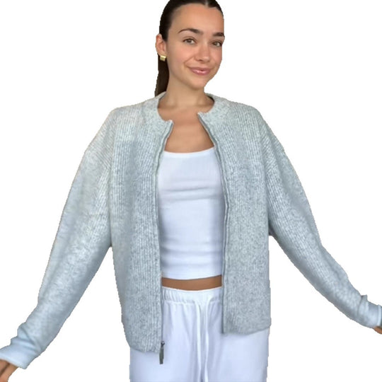 Damen kuschelige Strickjacke mit hohem Kragen und Reißverschluss R&B
