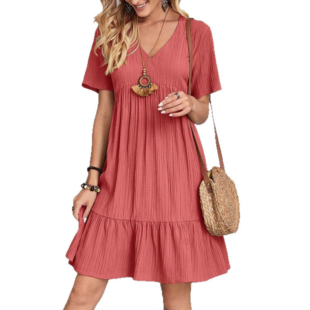 Damen nan Crinkle-Sommerkleid mit V-Ausschnitt, Empirenaht und Volant-Saum R&B