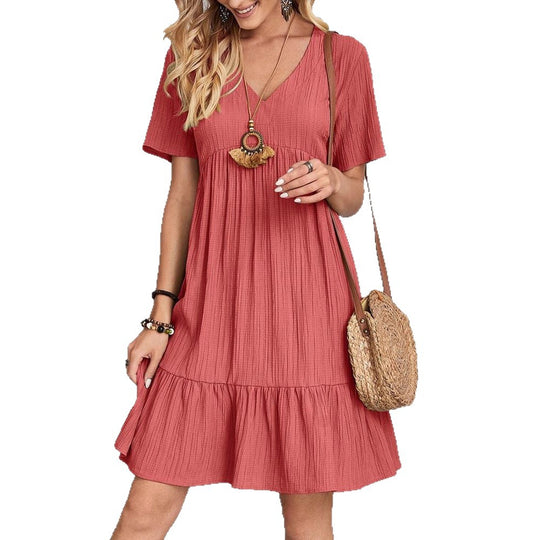 Damen nan Crinkle-Sommerkleid mit V-Ausschnitt, Empirenaht und Volant-Saum R&B