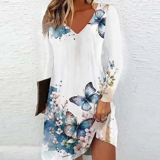 Damen V-Ausschnitt Kleid mit floralen Akzenten und langen Ärmeln R&B