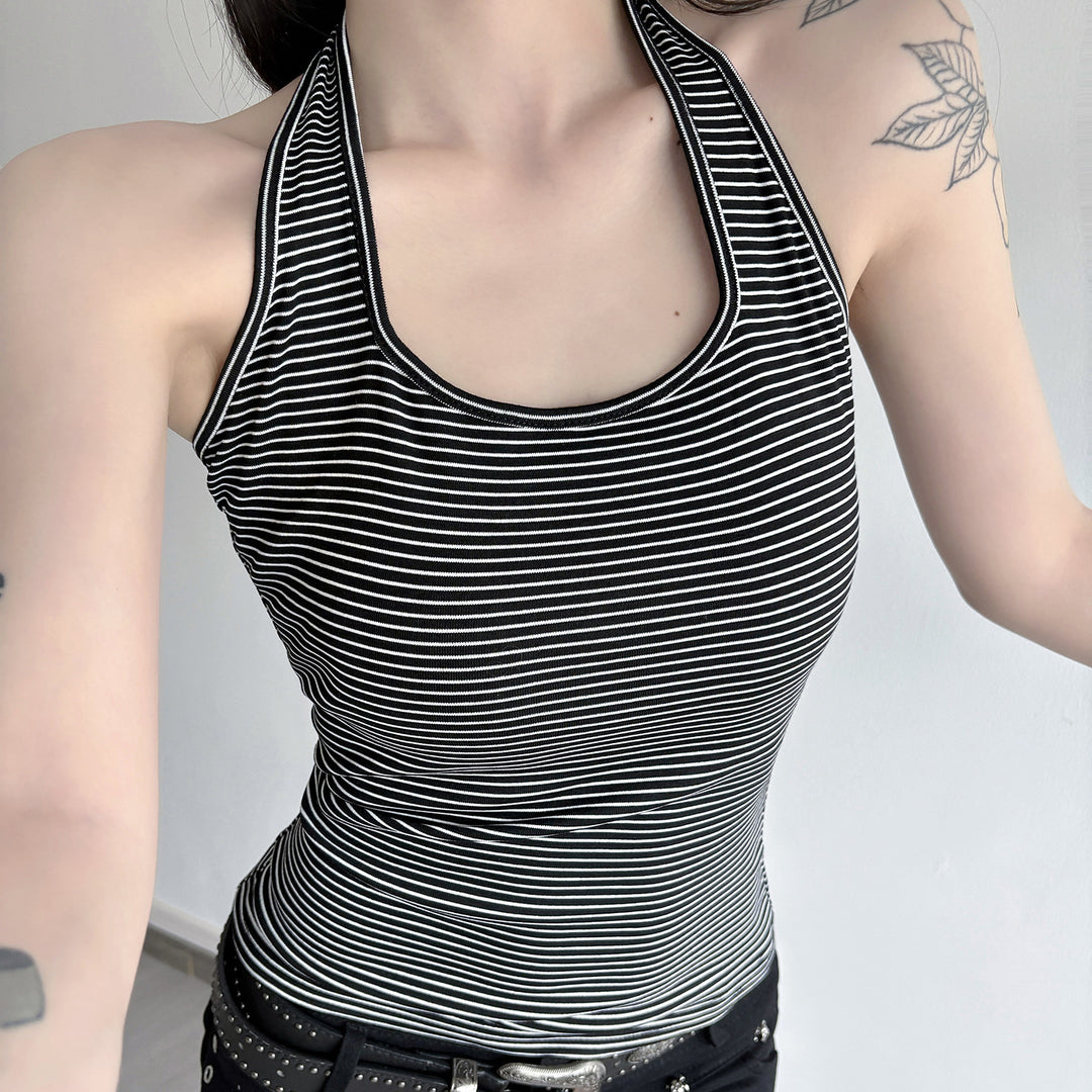 Damen Sportliches Haltertop mit breitem Kragen und feinen Streifen R&B
