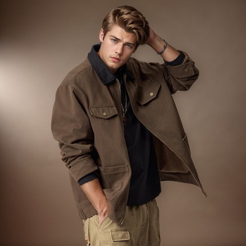 Herren lässige Utility-Jacke mit praktischen Klappentaschen und Reißverschluss R&B