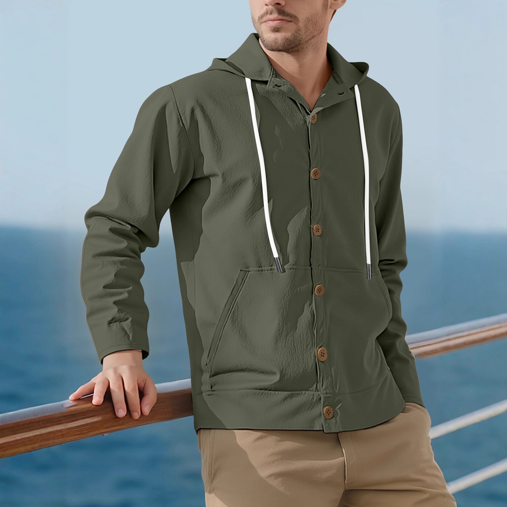 Herren nan leichte Kapuzenjacke mit Knopfleiste, Kängurutasche und Tunnelzug R&B
