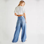 Damen Weite Denim-Hose mit fransigem Saum und hohen Schnitt R&B