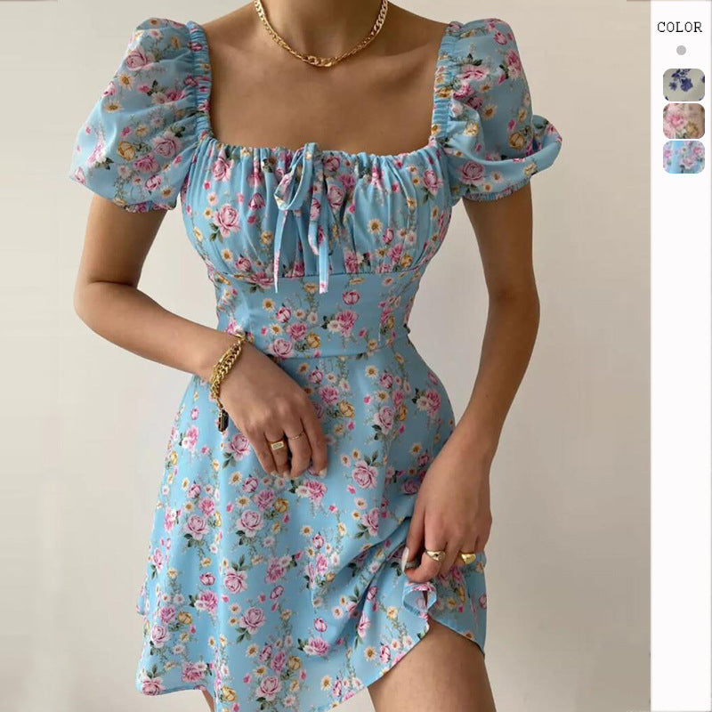 Damen Minikleid mit voluminösen Puffärmeln und floralem Muster R&B