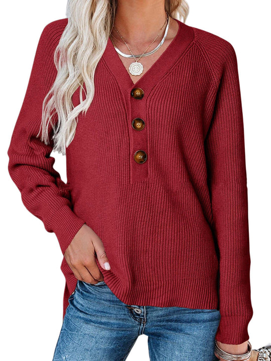 Damen Strickpullover mit Knopfdetails und tiefem V-Ausschnitt R&B