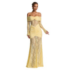 Damen elegantes Spitzenkleid mit Off-Shoulder-Ausschnitt und Raffungen R&B