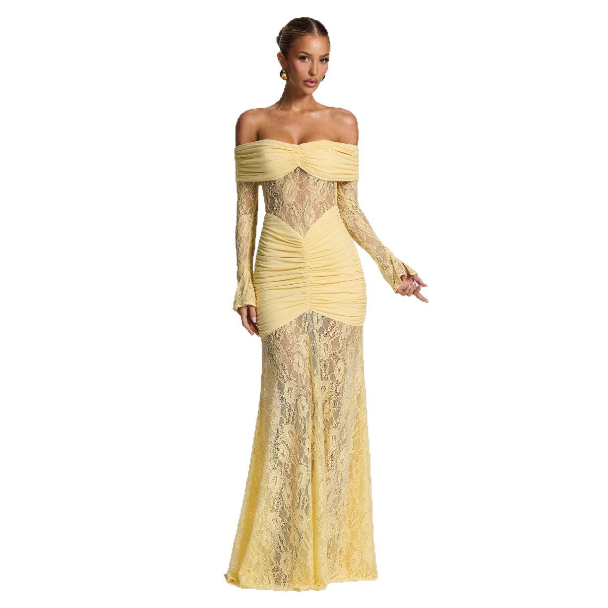 Damen elegantes Spitzenkleid mit Off-Shoulder-Ausschnitt und Raffungen R&B