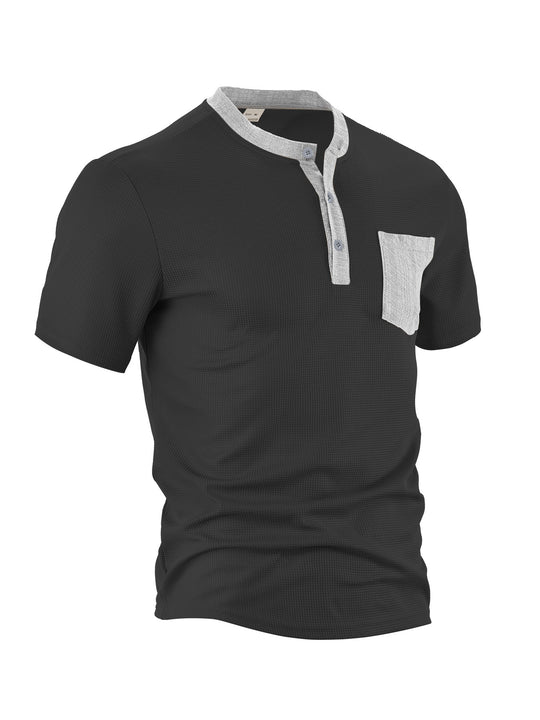 Herren nan atmungsaktives Waffel-Henleyshirt mit Stehkragen kurzer Knopfleiste und aufgesetzter Brusttasche R&B