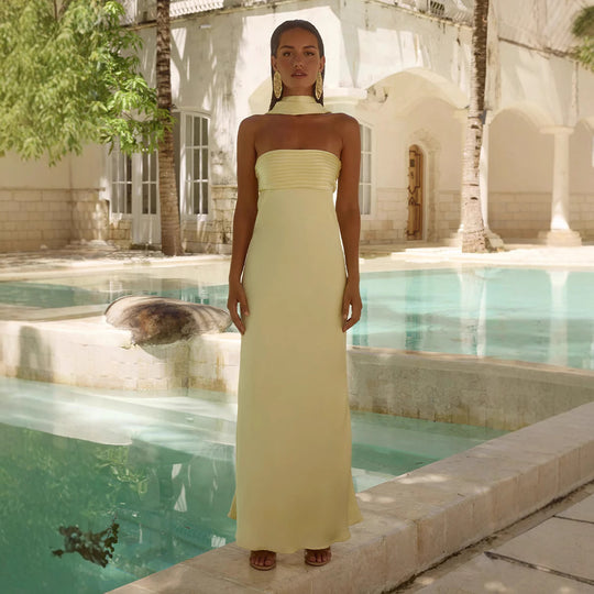 Damen Elegantes Maxikleid mit schulterfreiem Design und schmalem Oberteil R&B