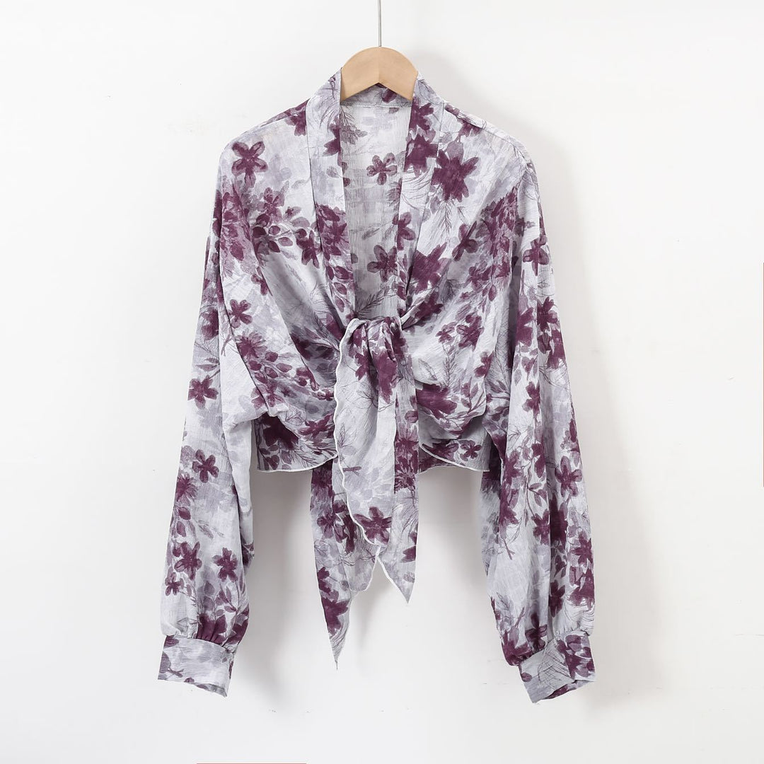 Damen nan florale Knoten-Bluse im Wickelstil mit Ballonärmeln und leichter Leinenoptik R&B
