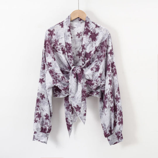 Damen nan florale Knoten-Bluse im Wickelstil mit Ballonärmeln und leichter Leinenoptik R&B