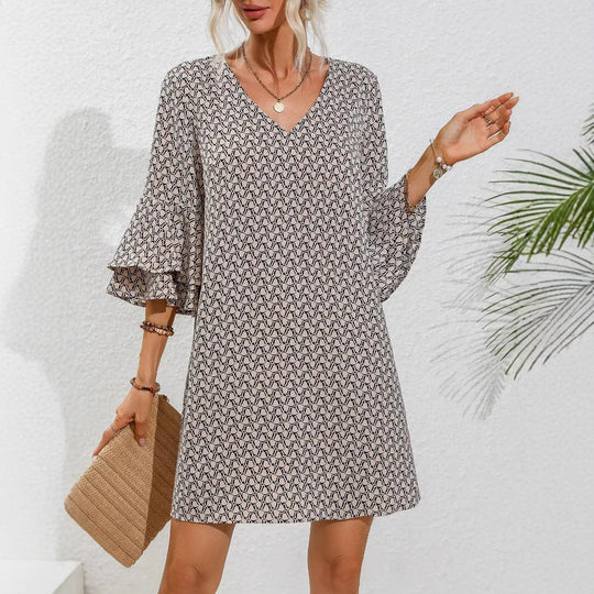 Damen nan fließendes Tunika-Minikleid mit V-Ausschnitt grafischem Kettenmuster und doppellagigen Glockenärmeln R&B
