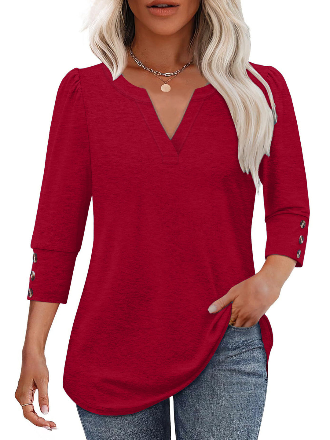 Damen V-Ausschnitt Bluse mit dekorativen Knopfdetails R&B