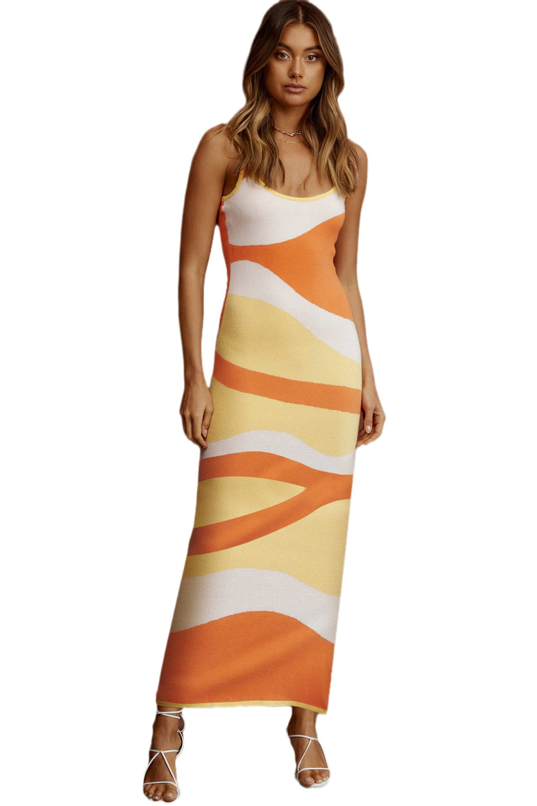 Damen Maxikleid mit kreativem Wellenmuster und weichem Strickmaterial R&B