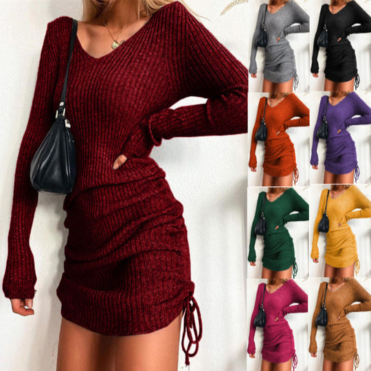 Damen Strick Mini-Kleid mit Raffung und V-Ausschnitt R&B