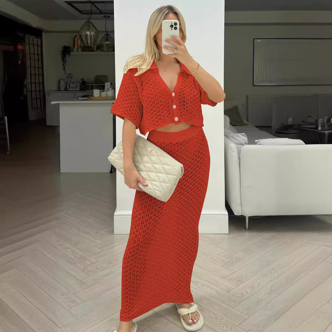 Damen Strick-Set mit offenem Cardigan und maxi Rock R&B