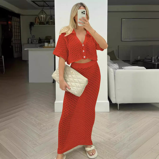 Damen Strick-Set mit offenem Cardigan und maxi Rock R&B