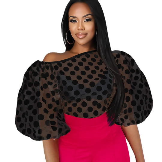 Damen Verspielte Bluse mit transparentem Polka-Punkten Design und Puffärmeln R&B