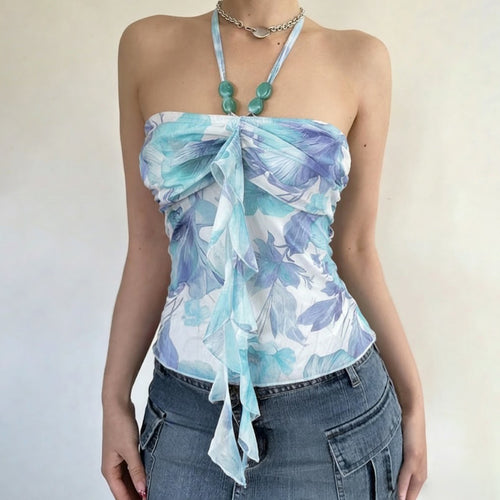 Damen Neckholder-Bluse mit floralem Design und raffiniertem Lockenabschluss R&B