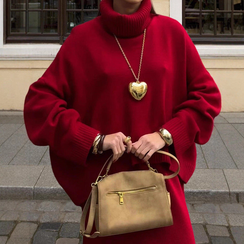 Damen Oversized Strickpullover mit hohem Kragen und lässigem Schnitt R&B