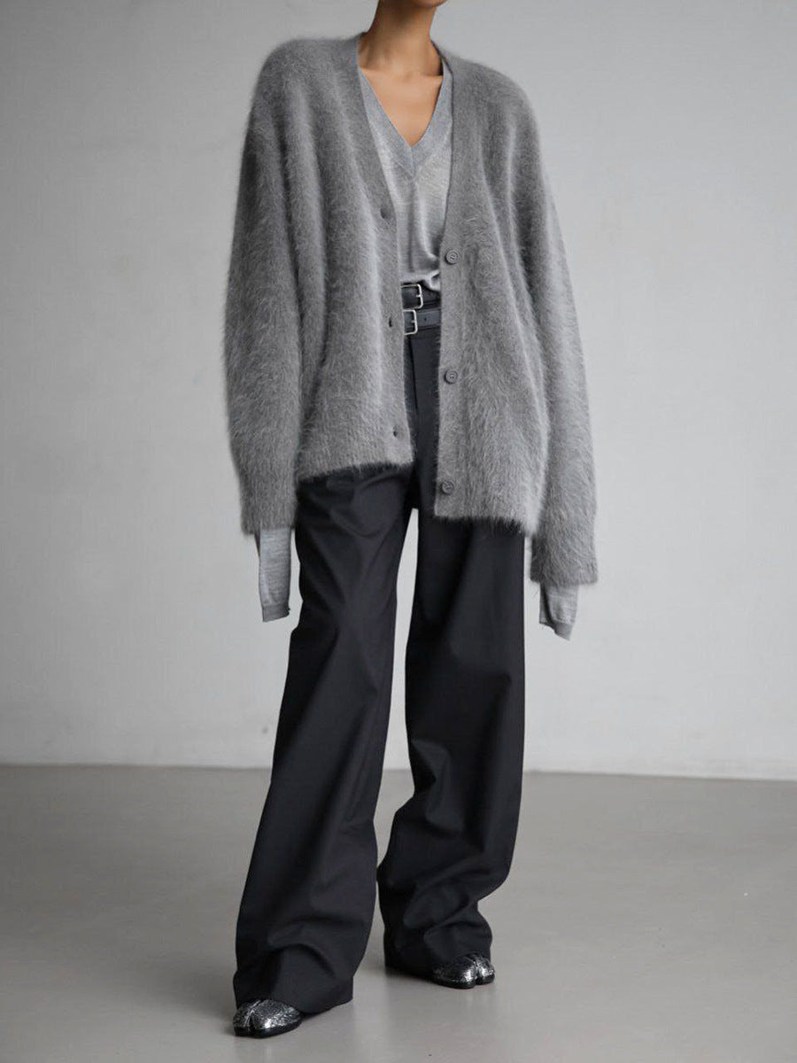 Damen weicher Strickcardigan mit luxuriösem Mohair-Anteil und lässigem Schnitt R&B