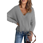Damen Lässiger Strickpullover mit V-Ausschnitt und fransigem Saum R&B