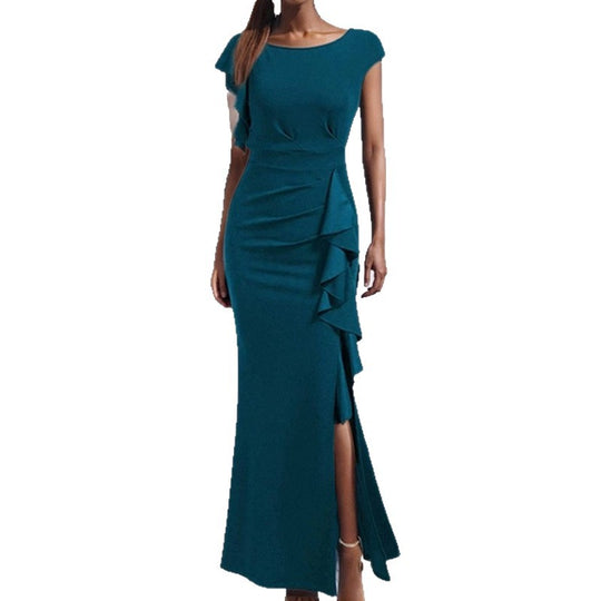 Damen elegantes Maxikleid mit Rüschendetails und seitlichem Schlitz R&B