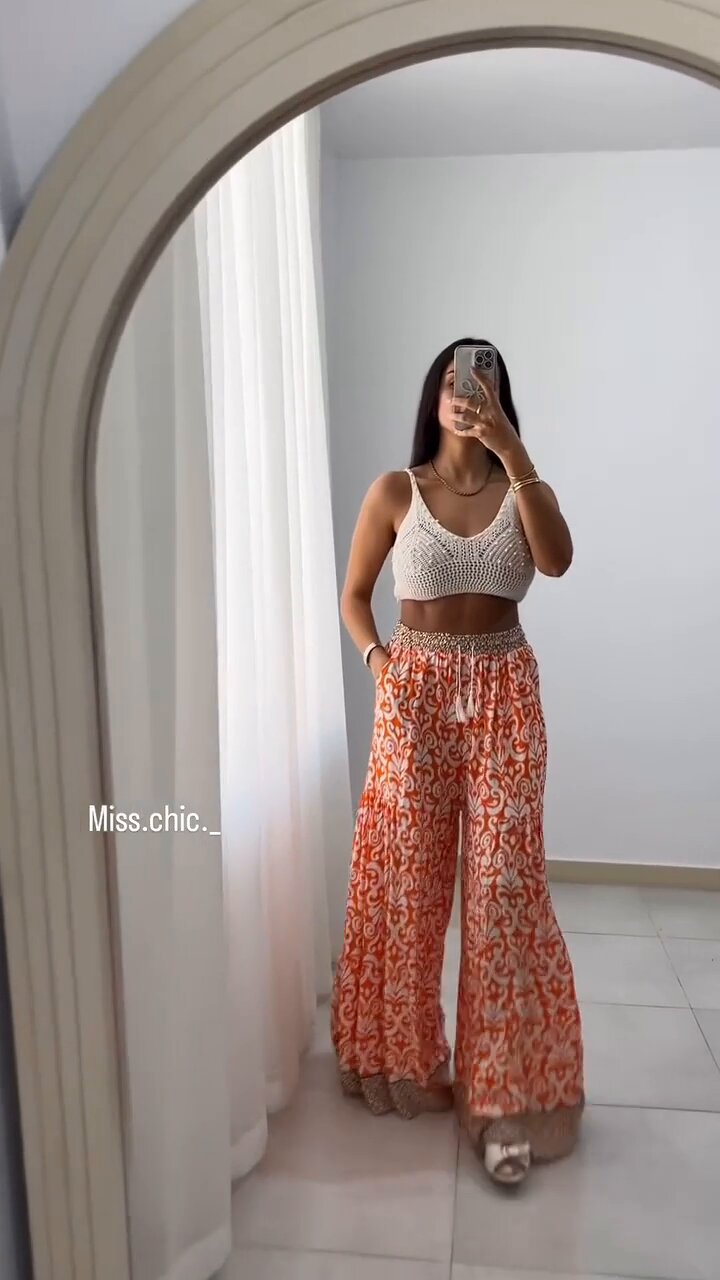 Damen weite Baumwollhose mit eingezogenem Gummibund und modernen Mustern R&B