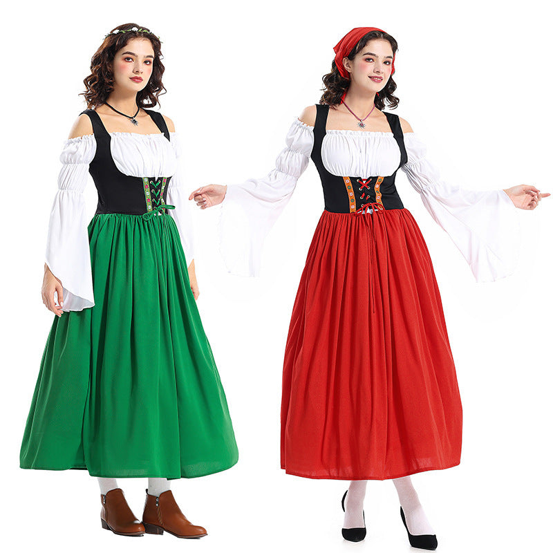 Damen nan RenaissancR&Bauernkleid mit geschnürtem Mieder, schulterfreiem Carmen-Oberteil und weitem Rock R&B