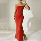 Damen Elegantes Langarm-Maxikleid mit tiefem V-Ausschnitt und zarten Rüschendetails EB