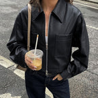 Damen Modische Cropped Kunstlederjacke mit Reißverschluss und Taschen R&B