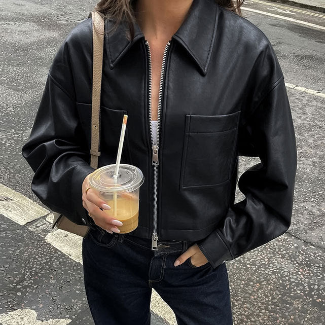 Damen Modische Cropped Kunstlederjacke mit Reißverschluss und Taschen R&B