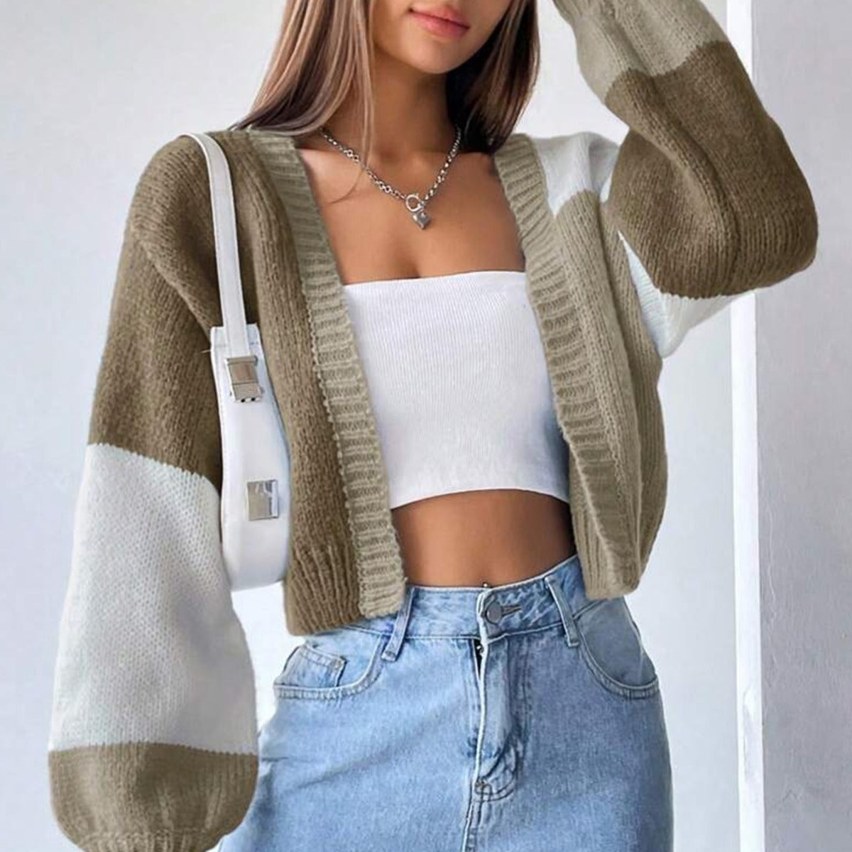 Damen Modischer Strickcardigan im Color-Block Design R&B